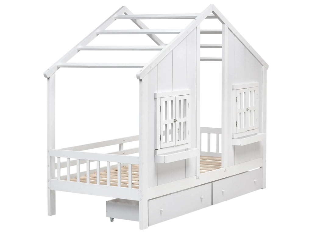 Lit enfant avec tiroirs Maison Bois de pin 90 x 200 cm Blanc