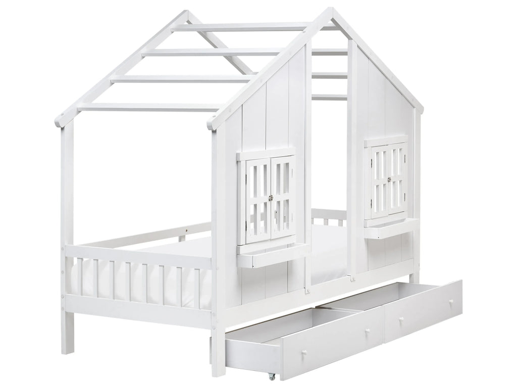 Lit enfant avec tiroirs Maison Bois de pin 90 x 200 cm Blanc