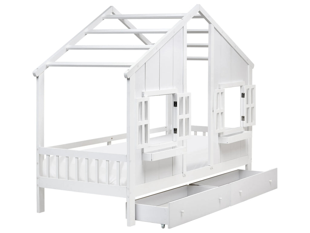 Lit enfant avec tiroirs Maison Bois de pin 90 x 200 cm Blanc